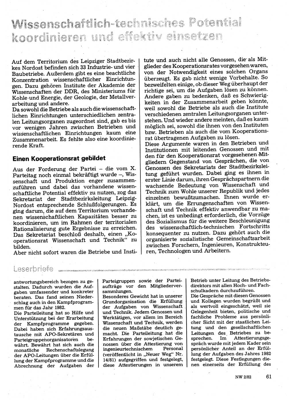 Neuer Weg (NW), Organ des Zentralkomitees (ZK) der SED (Sozialistische Einheitspartei Deutschlands) für Fragen des Parteilebens, 37. Jahrgang [Deutsche Demokratische Republik (DDR)] 1982, Seite 61 (NW ZK SED DDR 1982, S. 61)