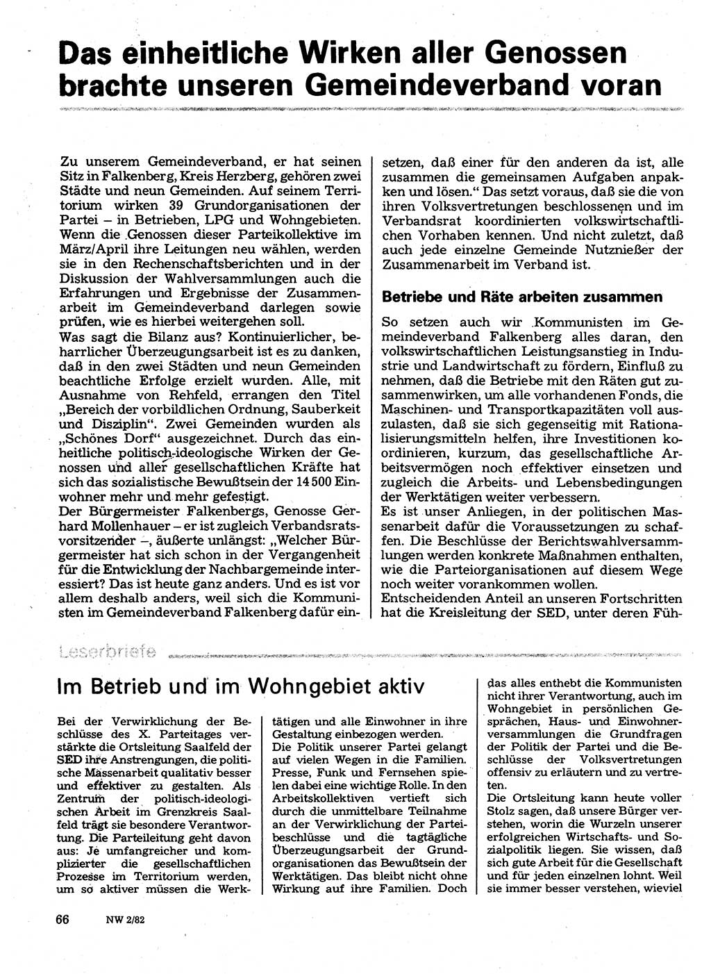 Neuer Weg (NW), Organ des Zentralkomitees (ZK) der SED (Sozialistische Einheitspartei Deutschlands) für Fragen des Parteilebens, 37. Jahrgang [Deutsche Demokratische Republik (DDR)] 1982, Seite 66 (NW ZK SED DDR 1982, S. 66)
