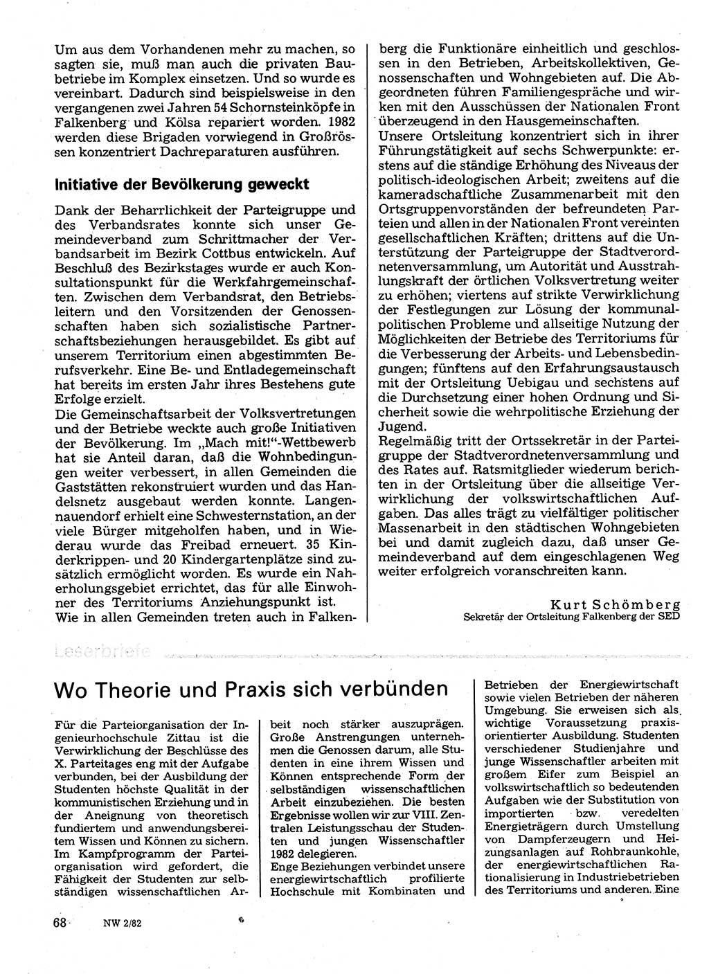Neuer Weg (NW), Organ des Zentralkomitees (ZK) der SED (Sozialistische Einheitspartei Deutschlands) für Fragen des Parteilebens, 37. Jahrgang [Deutsche Demokratische Republik (DDR)] 1982, Seite 68 (NW ZK SED DDR 1982, S. 68)