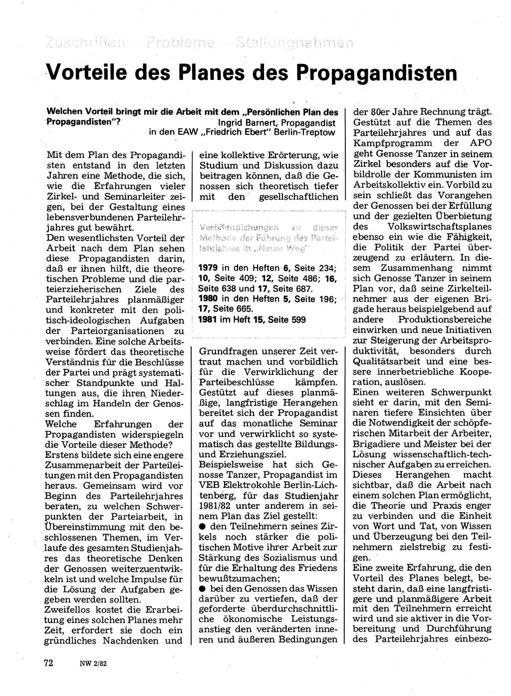 Neuer Weg (NW), Organ des Zentralkomitees (ZK) der SED (Sozialistische Einheitspartei Deutschlands) für Fragen des Parteilebens, 37. Jahrgang [Deutsche Demokratische Republik (DDR)] 1982, Seite 72 (NW ZK SED DDR 1982, S. 72)