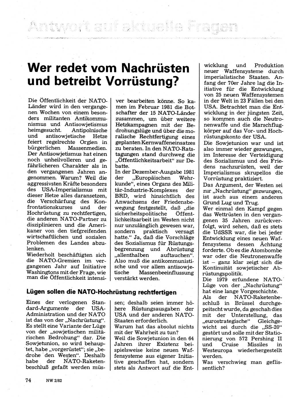 Neuer Weg (NW), Organ des Zentralkomitees (ZK) der SED (Sozialistische Einheitspartei Deutschlands) für Fragen des Parteilebens, 37. Jahrgang [Deutsche Demokratische Republik (DDR)] 1982, Seite 74 (NW ZK SED DDR 1982, S. 74)