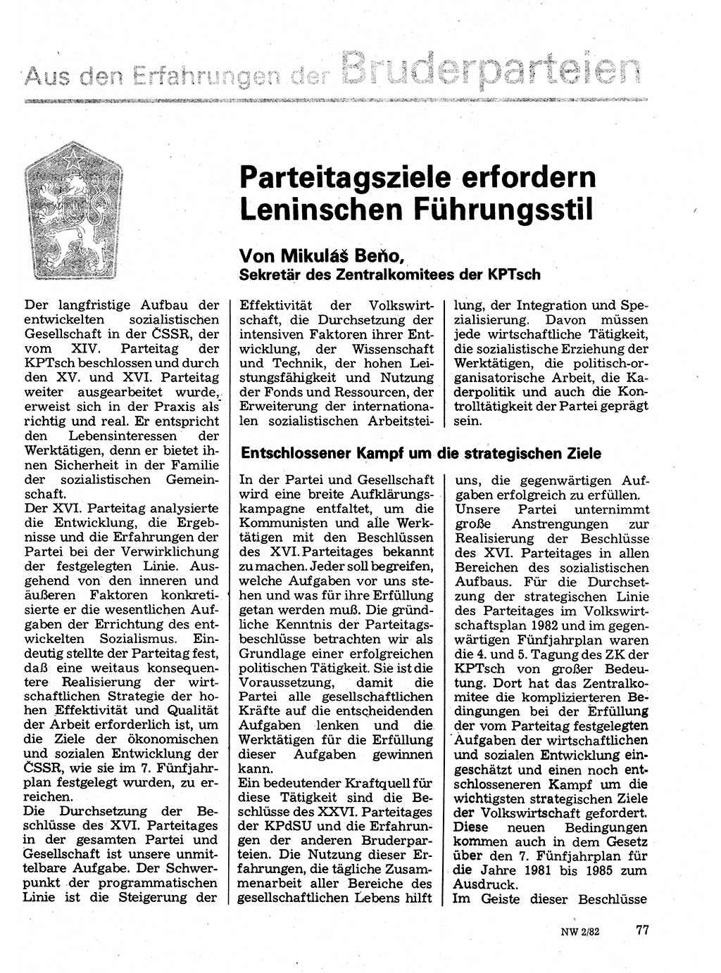 Neuer Weg (NW), Organ des Zentralkomitees (ZK) der SED (Sozialistische Einheitspartei Deutschlands) für Fragen des Parteilebens, 37. Jahrgang [Deutsche Demokratische Republik (DDR)] 1982, Seite 77 (NW ZK SED DDR 1982, S. 77)