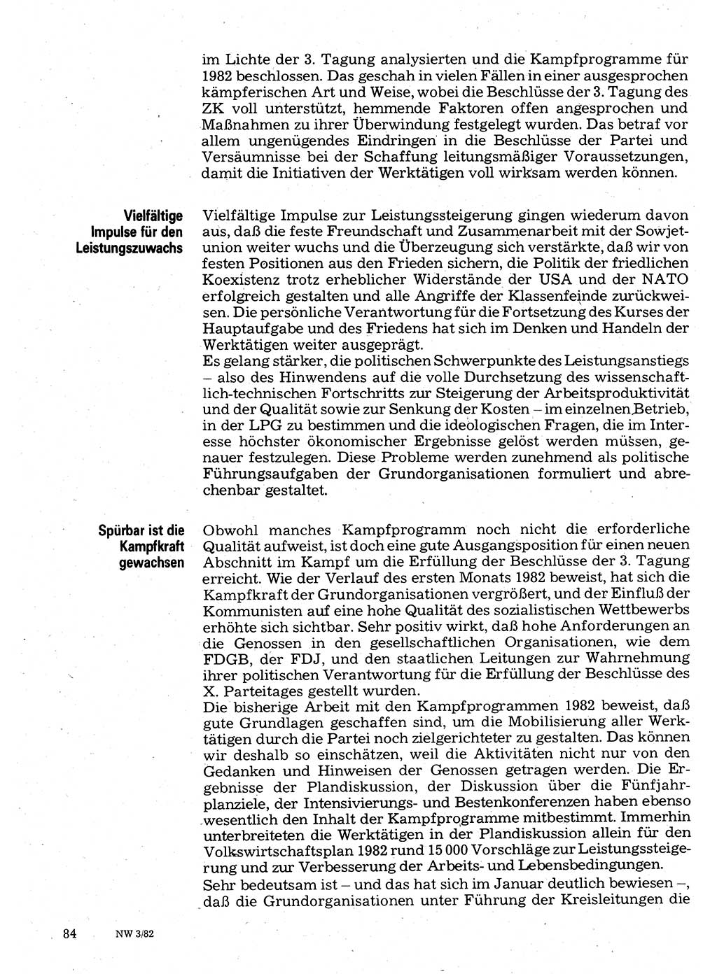 Neuer Weg (NW), Organ des Zentralkomitees (ZK) der SED (Sozialistische Einheitspartei Deutschlands) für Fragen des Parteilebens, 37. Jahrgang [Deutsche Demokratische Republik (DDR)] 1982, Seite 84 (NW ZK SED DDR 1982, S. 84)