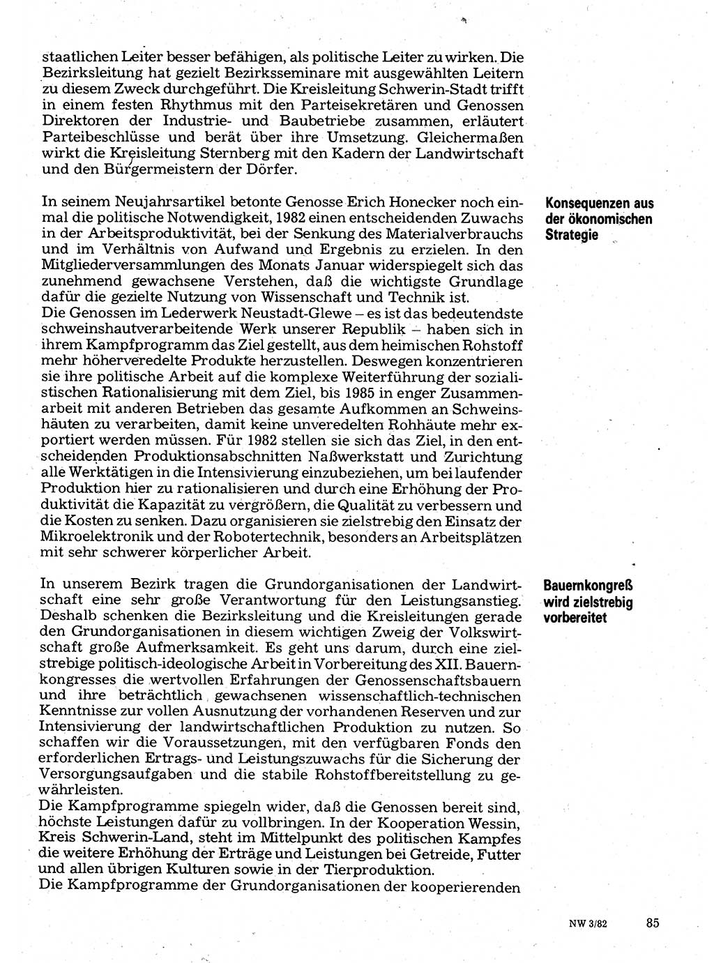 Neuer Weg (NW), Organ des Zentralkomitees (ZK) der SED (Sozialistische Einheitspartei Deutschlands) für Fragen des Parteilebens, 37. Jahrgang [Deutsche Demokratische Republik (DDR)] 1982, Seite 85 (NW ZK SED DDR 1982, S. 85)