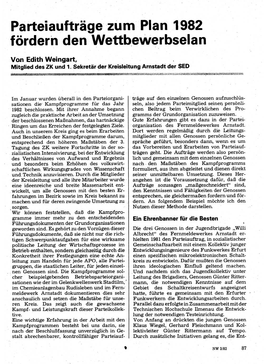 Neuer Weg (NW), Organ des Zentralkomitees (ZK) der SED (Sozialistische Einheitspartei Deutschlands) für Fragen des Parteilebens, 37. Jahrgang [Deutsche Demokratische Republik (DDR)] 1982, Seite 87 (NW ZK SED DDR 1982, S. 87)