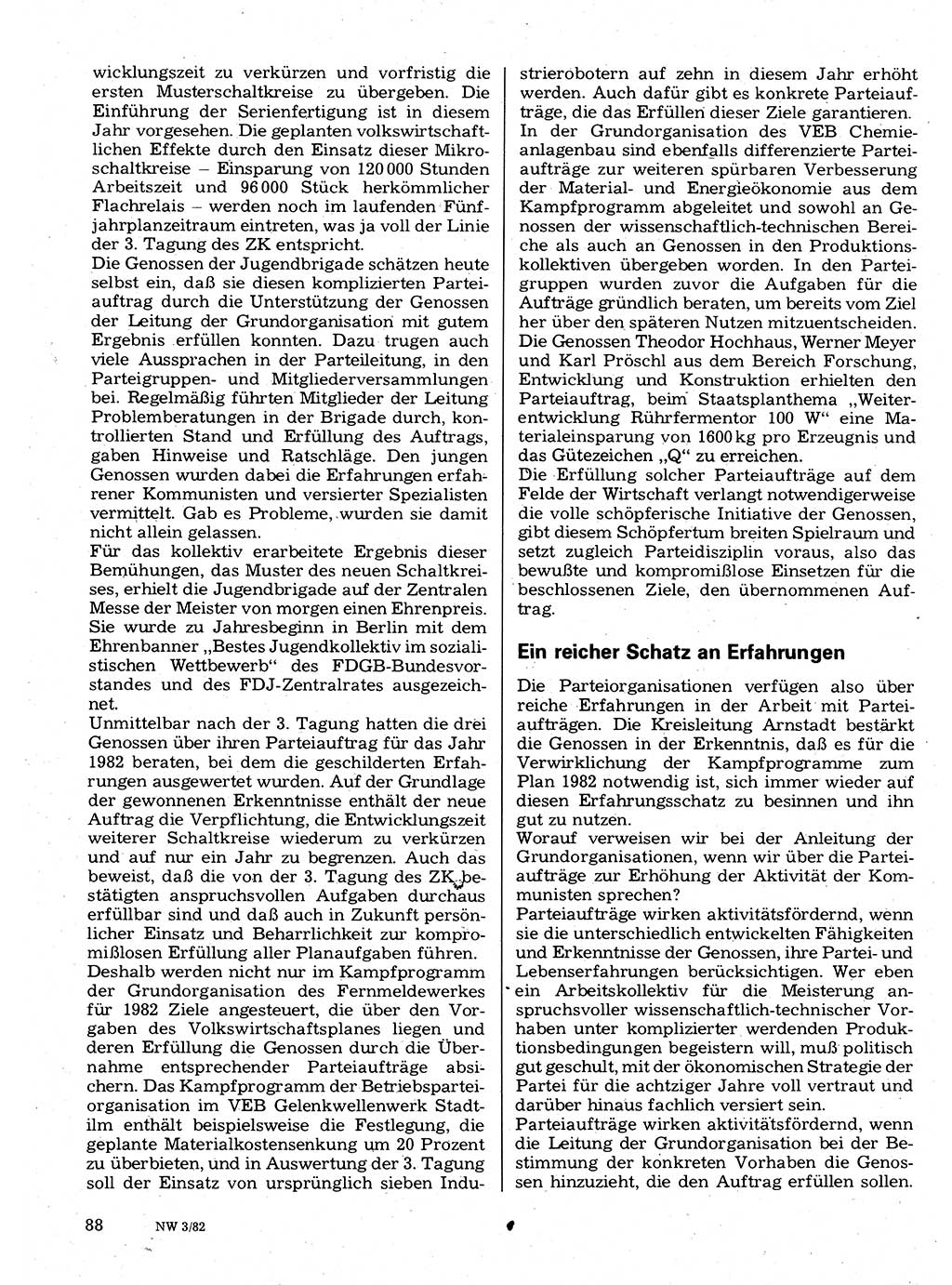 Neuer Weg (NW), Organ des Zentralkomitees (ZK) der SED (Sozialistische Einheitspartei Deutschlands) fÃ¼r Fragen des Parteilebens, 37. Jahrgang [Deutsche Demokratische Republik (DDR)] 1982, Seite 88 (NW ZK SED DDR 1982, S. 88)