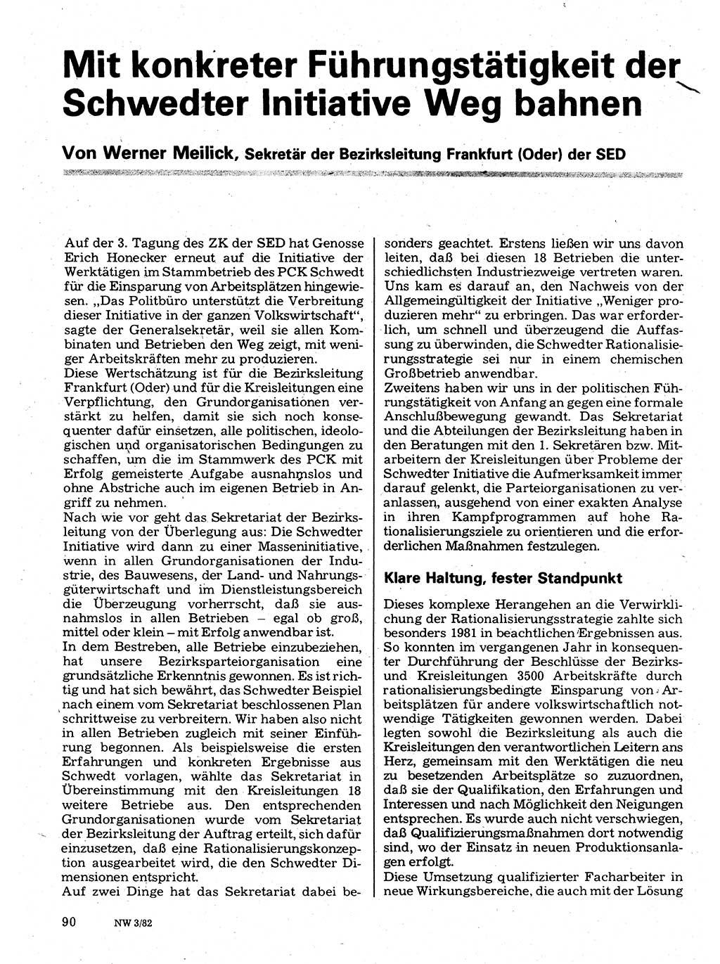 Neuer Weg (NW), Organ des Zentralkomitees (ZK) der SED (Sozialistische Einheitspartei Deutschlands) für Fragen des Parteilebens, 37. Jahrgang [Deutsche Demokratische Republik (DDR)] 1982, Seite 90 (NW ZK SED DDR 1982, S. 90)