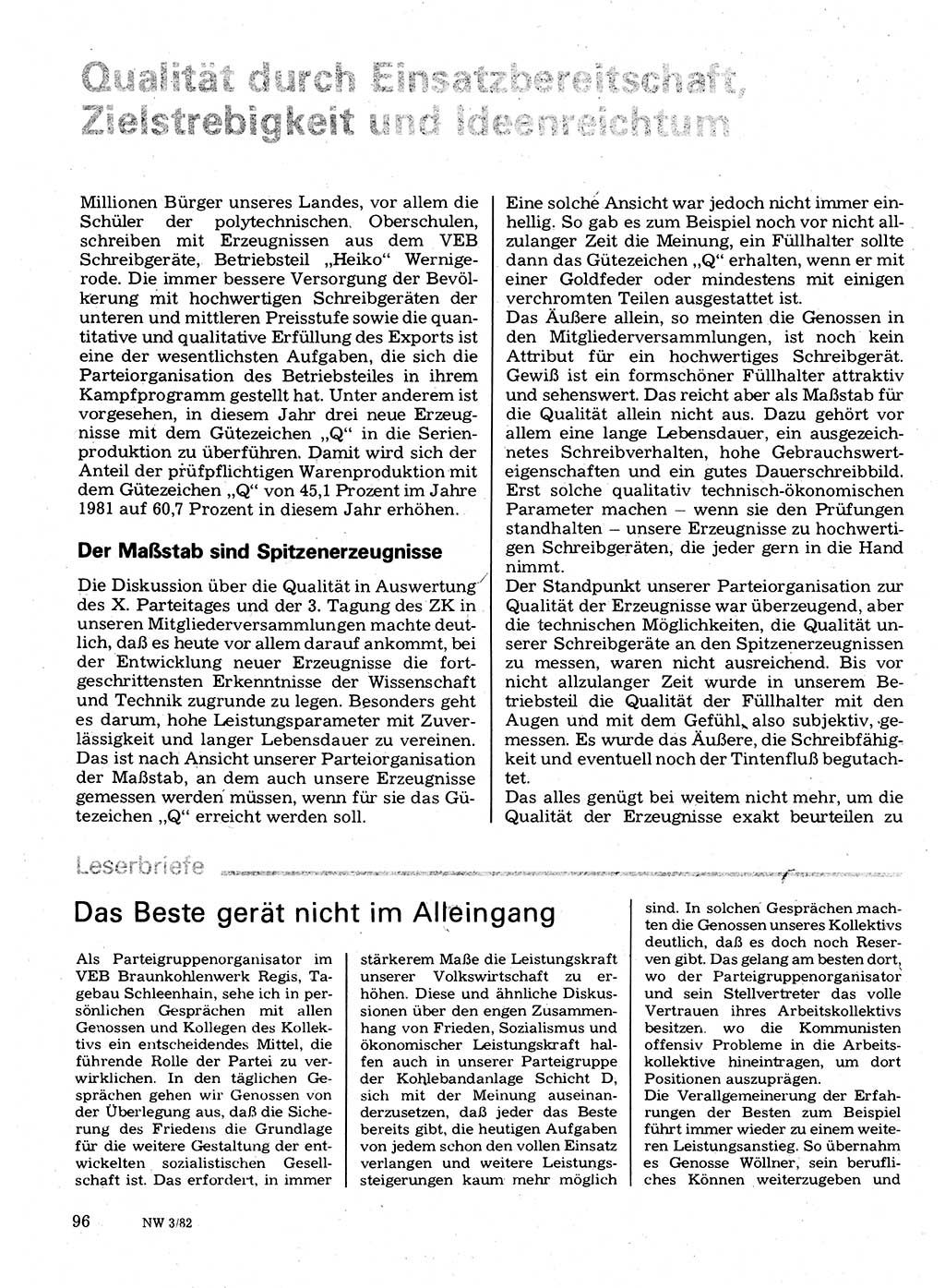 Neuer Weg (NW), Organ des Zentralkomitees (ZK) der SED (Sozialistische Einheitspartei Deutschlands) für Fragen des Parteilebens, 37. Jahrgang [Deutsche Demokratische Republik (DDR)] 1982, Seite 96 (NW ZK SED DDR 1982, S. 96)