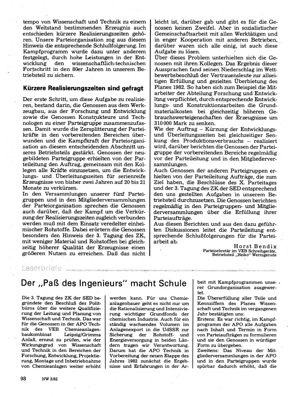 Neuer Weg (NW), Organ des Zentralkomitees (ZK) der SED (Sozialistische Einheitspartei Deutschlands) für Fragen des Parteilebens, 37. Jahrgang [Deutsche Demokratische Republik (DDR)] 1982, Seite 98 (NW ZK SED DDR 1982, S. 98)
