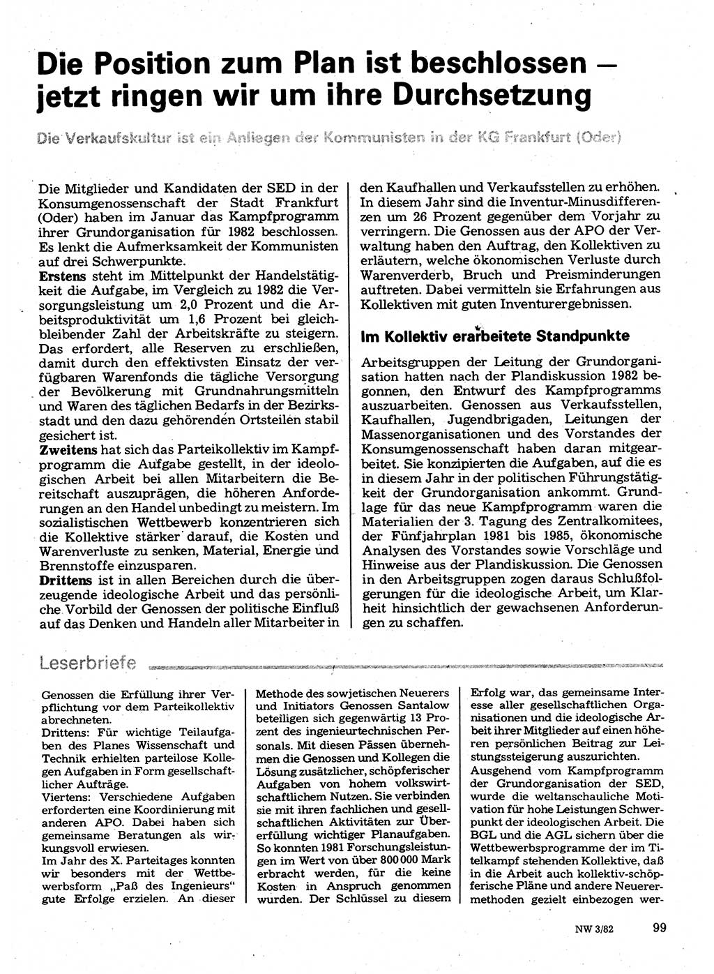 Neuer Weg (NW), Organ des Zentralkomitees (ZK) der SED (Sozialistische Einheitspartei Deutschlands) für Fragen des Parteilebens, 37. Jahrgang [Deutsche Demokratische Republik (DDR)] 1982, Seite 99 (NW ZK SED DDR 1982, S. 99)