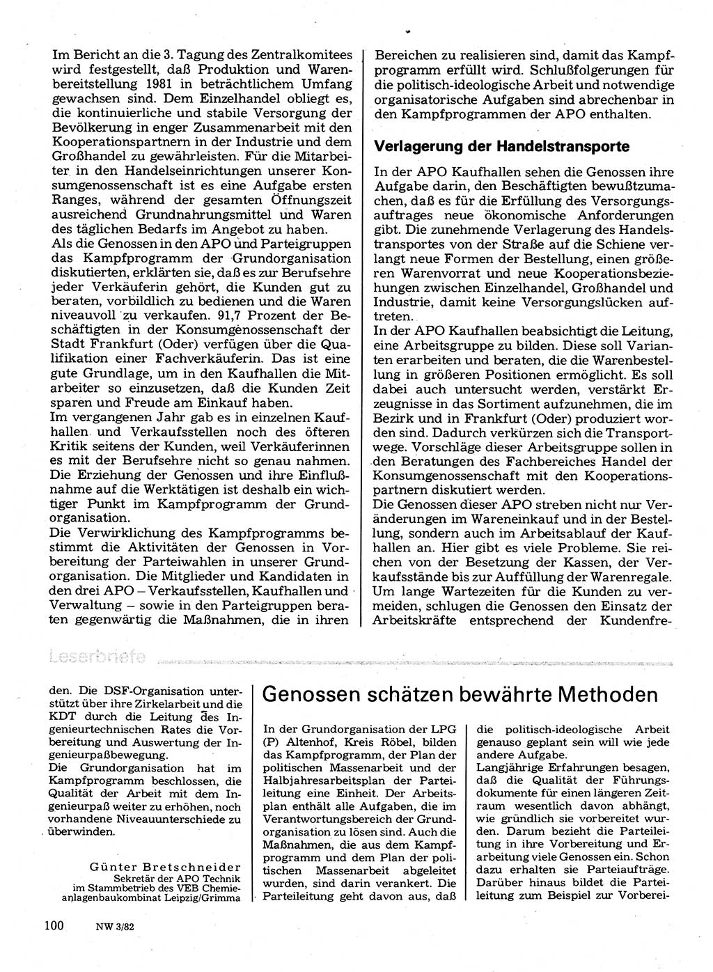 Neuer Weg (NW), Organ des Zentralkomitees (ZK) der SED (Sozialistische Einheitspartei Deutschlands) für Fragen des Parteilebens, 37. Jahrgang [Deutsche Demokratische Republik (DDR)] 1982, Seite 100 (NW ZK SED DDR 1982, S. 100)