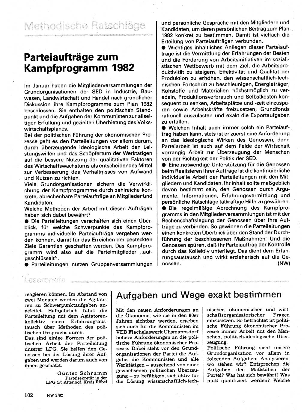 Neuer Weg (NW), Organ des Zentralkomitees (ZK) der SED (Sozialistische Einheitspartei Deutschlands) für Fragen des Parteilebens, 37. Jahrgang [Deutsche Demokratische Republik (DDR)] 1982, Seite 102 (NW ZK SED DDR 1982, S. 102)