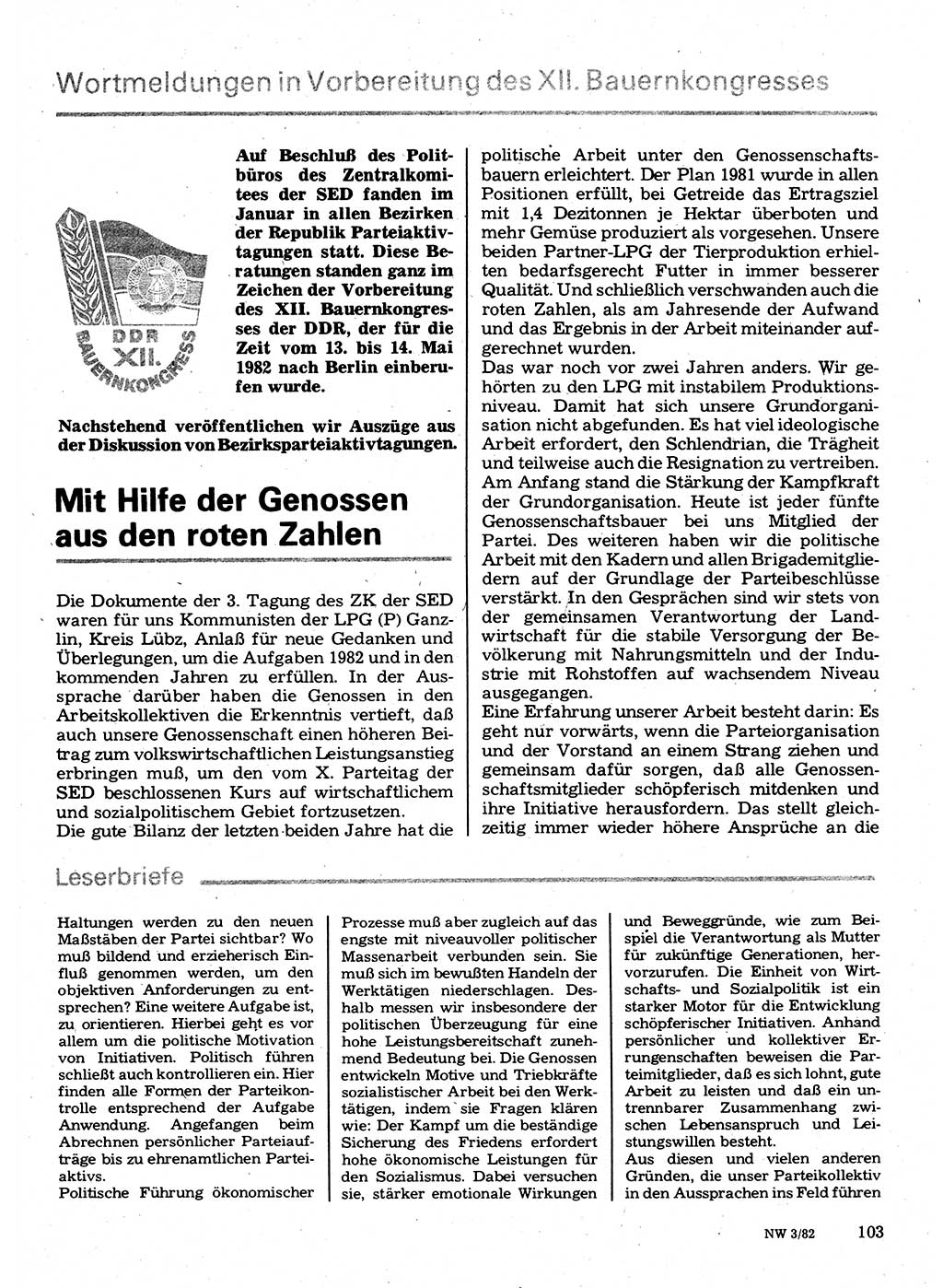 Neuer Weg (NW), Organ des Zentralkomitees (ZK) der SED (Sozialistische Einheitspartei Deutschlands) für Fragen des Parteilebens, 37. Jahrgang [Deutsche Demokratische Republik (DDR)] 1982, Seite 103 (NW ZK SED DDR 1982, S. 103)
