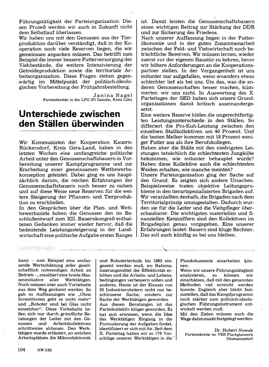 Neuer Weg (NW), Organ des Zentralkomitees (ZK) der SED (Sozialistische Einheitspartei Deutschlands) für Fragen des Parteilebens, 37. Jahrgang [Deutsche Demokratische Republik (DDR)] 1982, Seite 104 (NW ZK SED DDR 1982, S. 104)