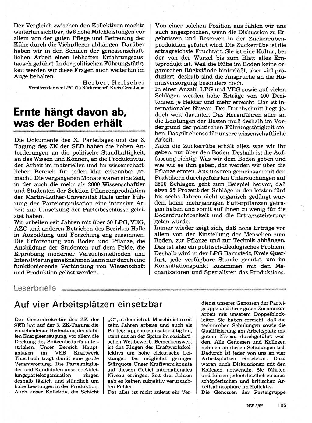 Neuer Weg (NW), Organ des Zentralkomitees (ZK) der SED (Sozialistische Einheitspartei Deutschlands) für Fragen des Parteilebens, 37. Jahrgang [Deutsche Demokratische Republik (DDR)] 1982, Seite 105 (NW ZK SED DDR 1982, S. 105)