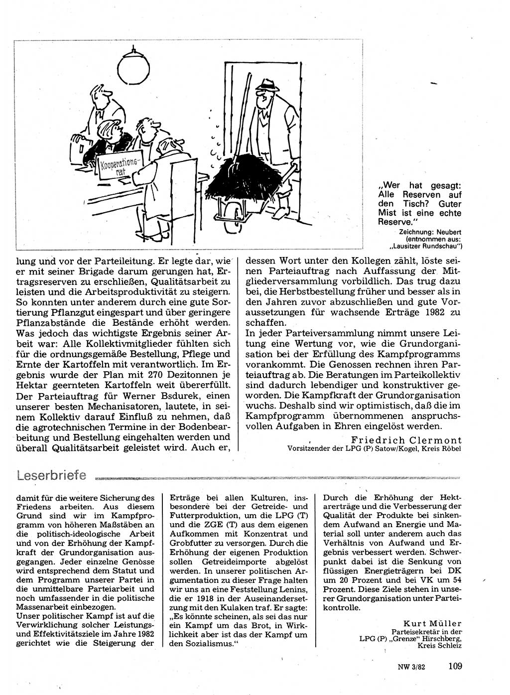 Neuer Weg (NW), Organ des Zentralkomitees (ZK) der SED (Sozialistische Einheitspartei Deutschlands) fÃ¼r Fragen des Parteilebens, 37. Jahrgang [Deutsche Demokratische Republik (DDR)] 1982, Seite 109 (NW ZK SED DDR 1982, S. 109)