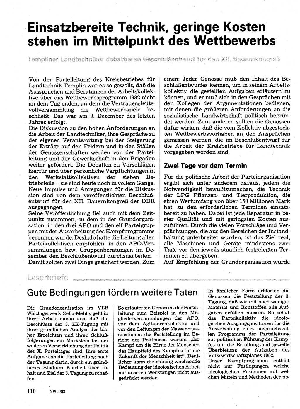 Neuer Weg (NW), Organ des Zentralkomitees (ZK) der SED (Sozialistische Einheitspartei Deutschlands) für Fragen des Parteilebens, 37. Jahrgang [Deutsche Demokratische Republik (DDR)] 1982, Seite 110 (NW ZK SED DDR 1982, S. 110)