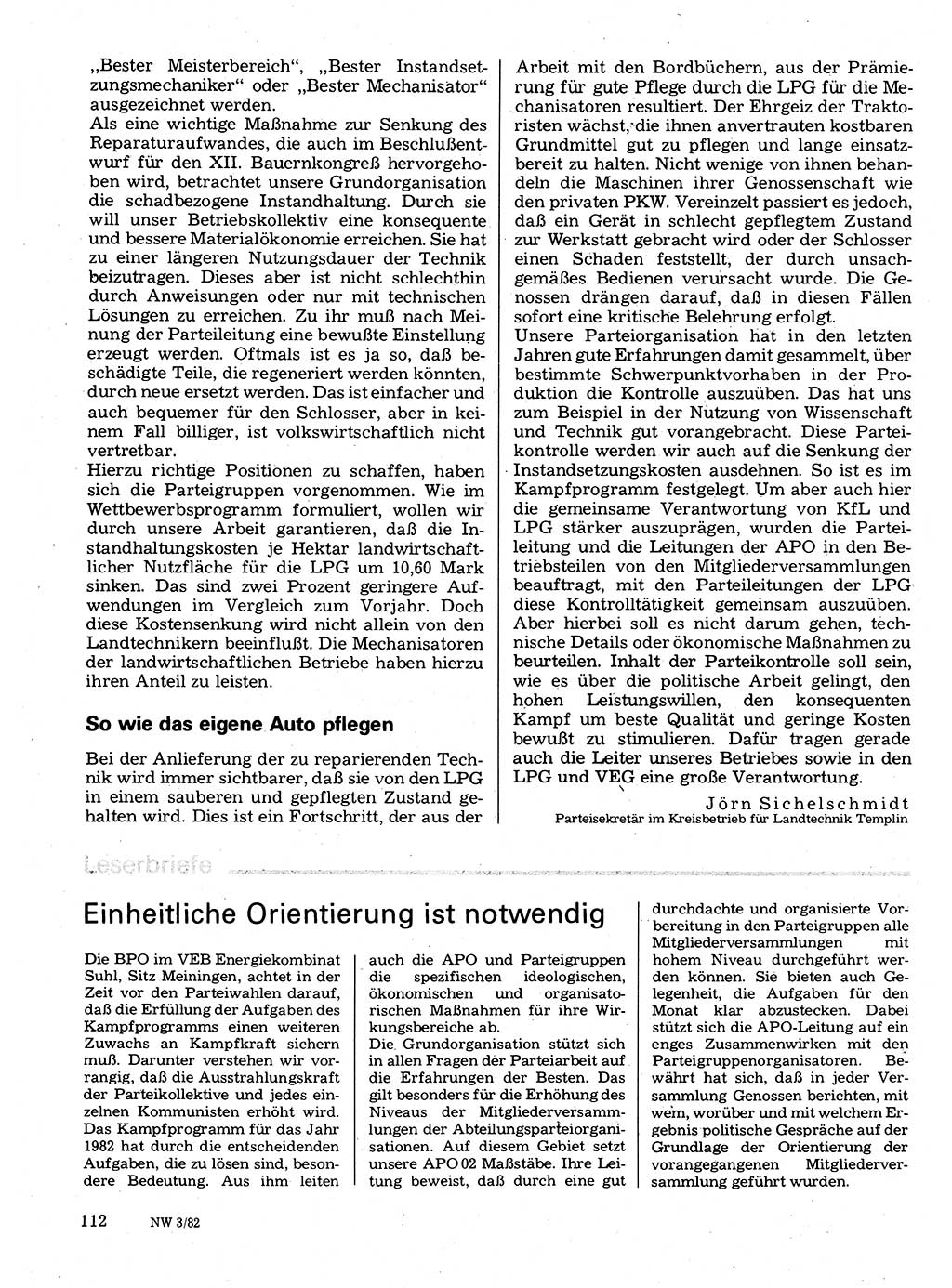 Neuer Weg (NW), Organ des Zentralkomitees (ZK) der SED (Sozialistische Einheitspartei Deutschlands) für Fragen des Parteilebens, 37. Jahrgang [Deutsche Demokratische Republik (DDR)] 1982, Seite 112 (NW ZK SED DDR 1982, S. 112)