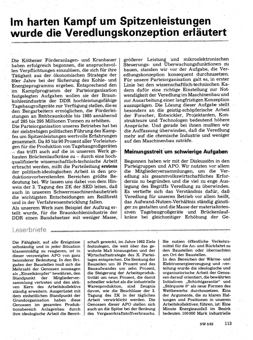 Neuer Weg (NW), Organ des Zentralkomitees (ZK) der SED (Sozialistische Einheitspartei Deutschlands) für Fragen des Parteilebens, 37. Jahrgang [Deutsche Demokratische Republik (DDR)] 1982, Seite 113 (NW ZK SED DDR 1982, S. 113)