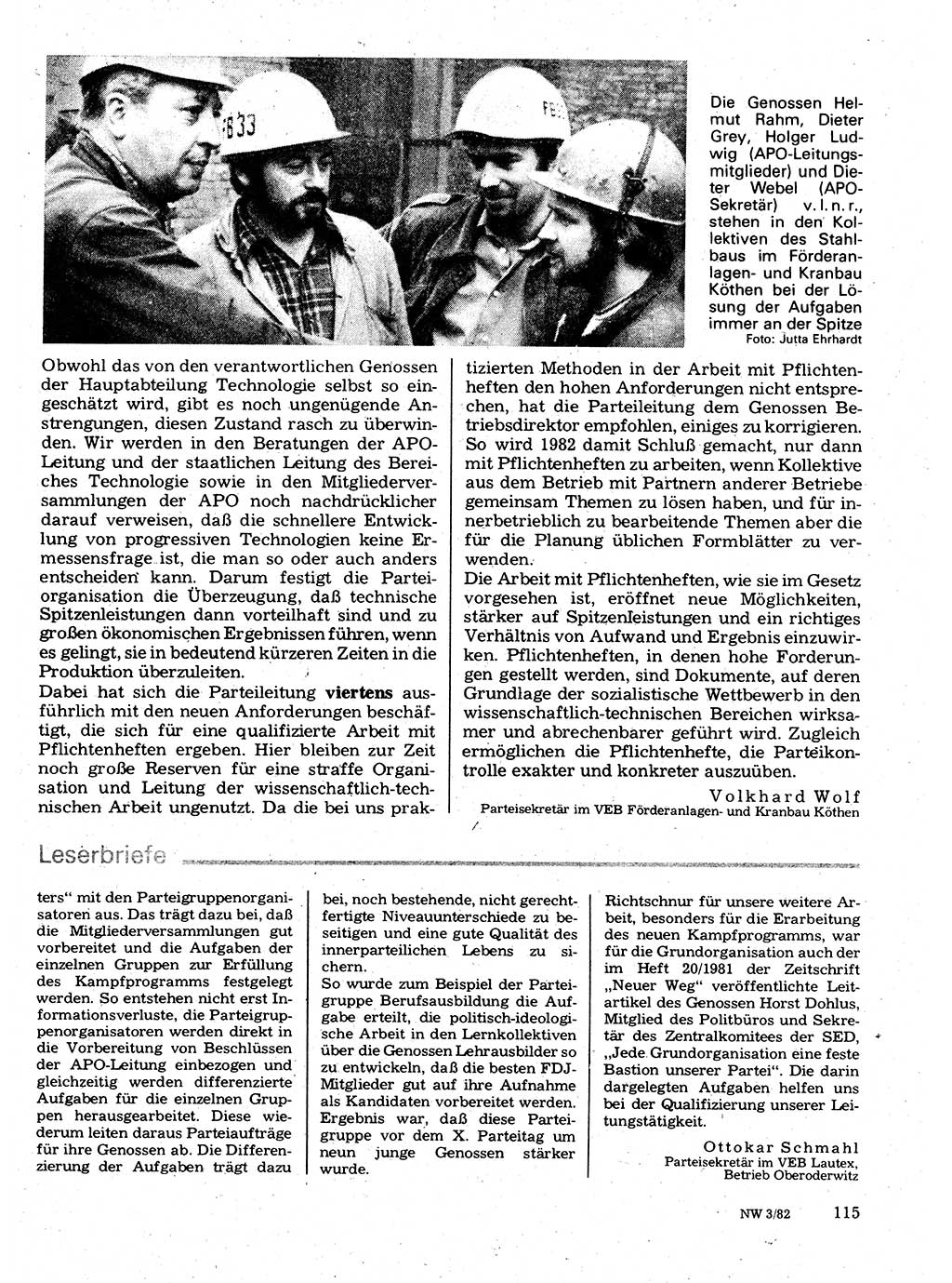 Neuer Weg (NW), Organ des Zentralkomitees (ZK) der SED (Sozialistische Einheitspartei Deutschlands) für Fragen des Parteilebens, 37. Jahrgang [Deutsche Demokratische Republik (DDR)] 1982, Seite 115 (NW ZK SED DDR 1982, S. 115)