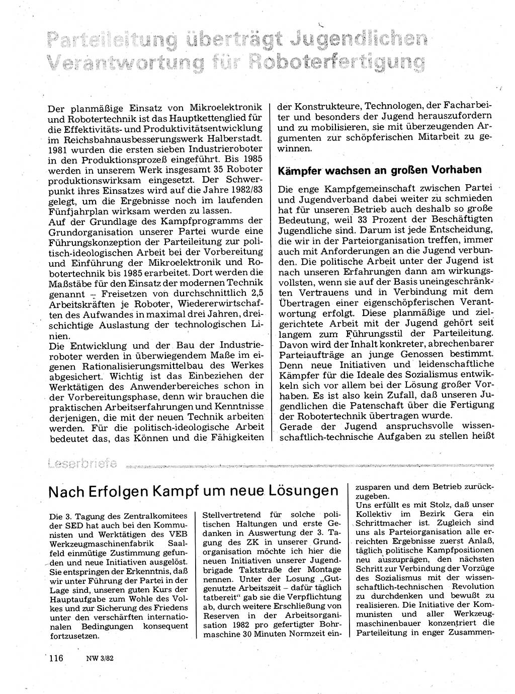 Neuer Weg (NW), Organ des Zentralkomitees (ZK) der SED (Sozialistische Einheitspartei Deutschlands) für Fragen des Parteilebens, 37. Jahrgang [Deutsche Demokratische Republik (DDR)] 1982, Seite 116 (NW ZK SED DDR 1982, S. 116)