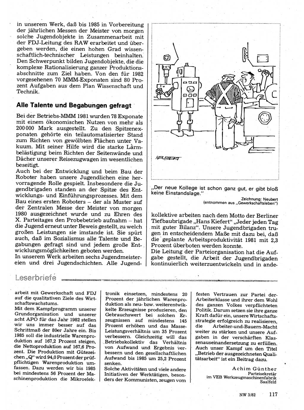 Neuer Weg (NW), Organ des Zentralkomitees (ZK) der SED (Sozialistische Einheitspartei Deutschlands) für Fragen des Parteilebens, 37. Jahrgang [Deutsche Demokratische Republik (DDR)] 1982, Seite 117 (NW ZK SED DDR 1982, S. 117)