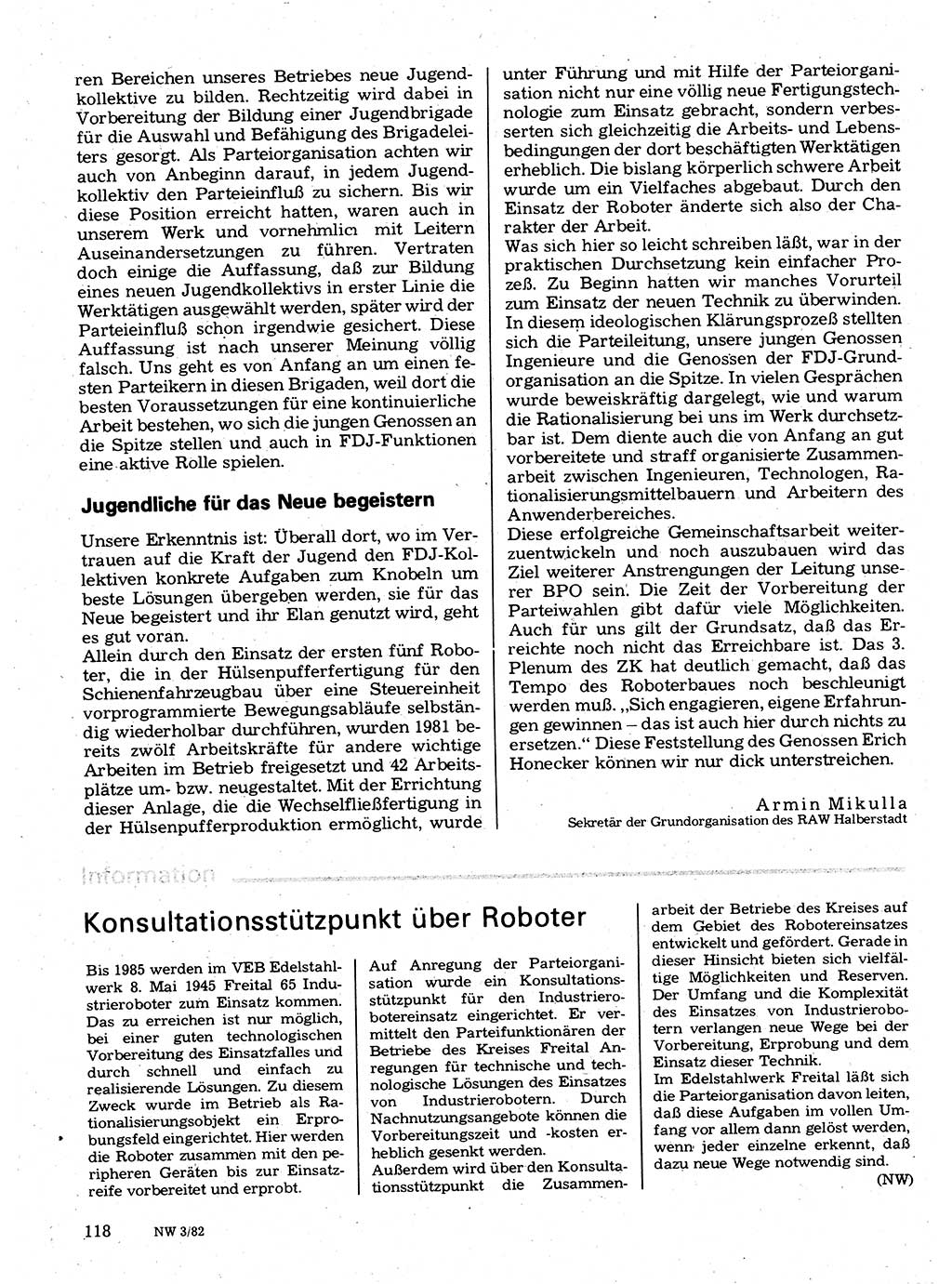 Neuer Weg (NW), Organ des Zentralkomitees (ZK) der SED (Sozialistische Einheitspartei Deutschlands) für Fragen des Parteilebens, 37. Jahrgang [Deutsche Demokratische Republik (DDR)] 1982, Seite 118 (NW ZK SED DDR 1982, S. 118)