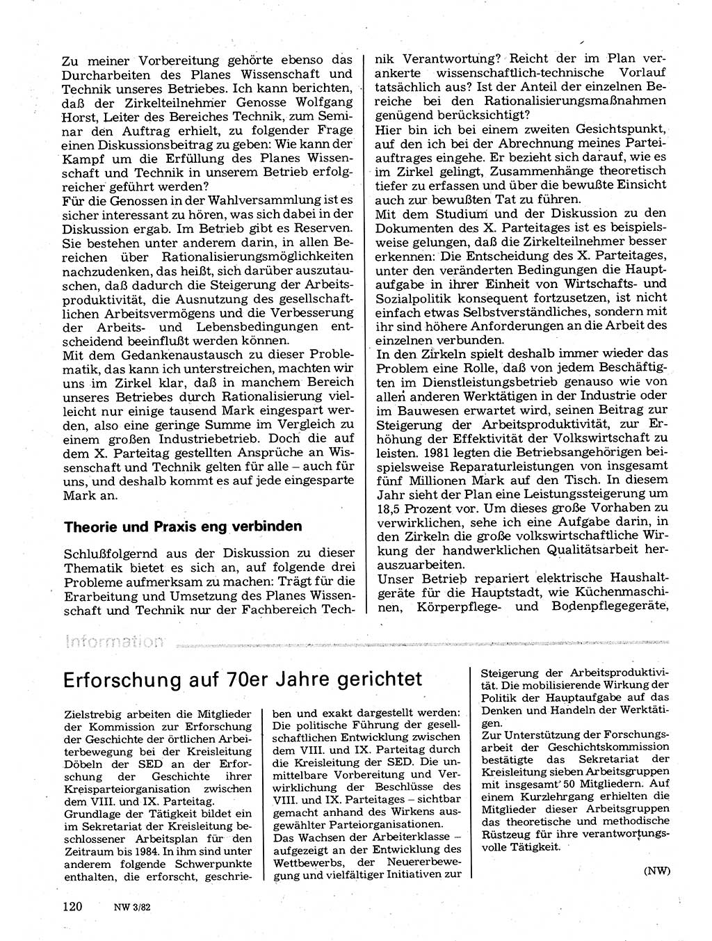 Neuer Weg (NW), Organ des Zentralkomitees (ZK) der SED (Sozialistische Einheitspartei Deutschlands) für Fragen des Parteilebens, 37. Jahrgang [Deutsche Demokratische Republik (DDR)] 1982, Seite 120 (NW ZK SED DDR 1982, S. 120)
