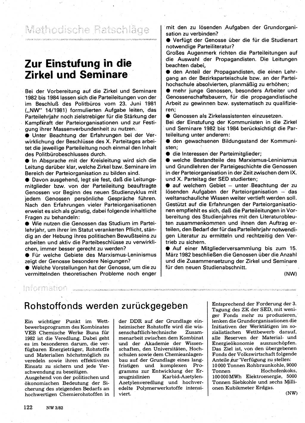 Neuer Weg (NW), Organ des Zentralkomitees (ZK) der SED (Sozialistische Einheitspartei Deutschlands) für Fragen des Parteilebens, 37. Jahrgang [Deutsche Demokratische Republik (DDR)] 1982, Seite 122 (NW ZK SED DDR 1982, S. 122)