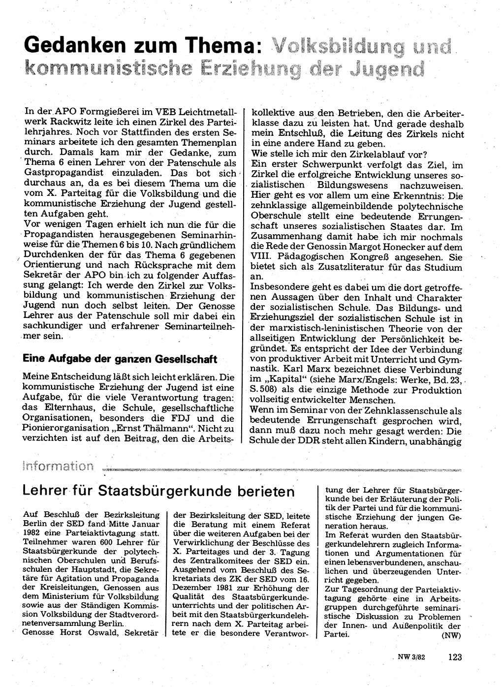 Neuer Weg (NW), Organ des Zentralkomitees (ZK) der SED (Sozialistische Einheitspartei Deutschlands) für Fragen des Parteilebens, 37. Jahrgang [Deutsche Demokratische Republik (DDR)] 1982, Seite 123 (NW ZK SED DDR 1982, S. 123)