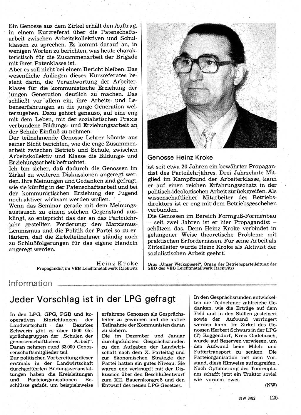 Neuer Weg (NW), Organ des Zentralkomitees (ZK) der SED (Sozialistische Einheitspartei Deutschlands) für Fragen des Parteilebens, 37. Jahrgang [Deutsche Demokratische Republik (DDR)] 1982, Seite 125 (NW ZK SED DDR 1982, S. 125)