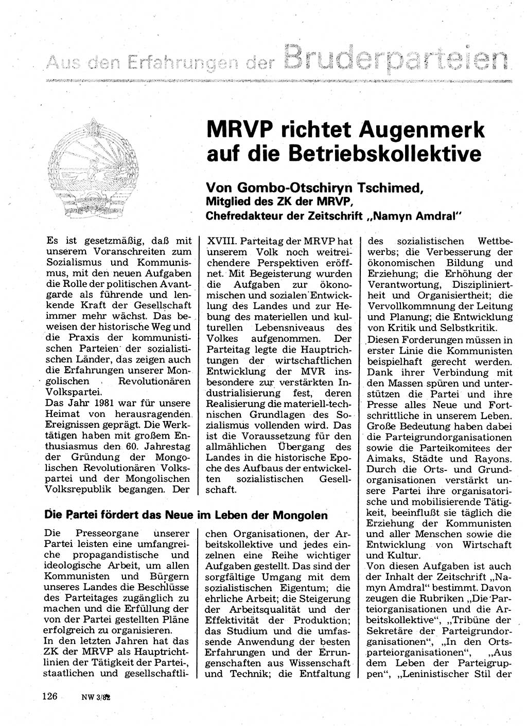 Neuer Weg (NW), Organ des Zentralkomitees (ZK) der SED (Sozialistische Einheitspartei Deutschlands) fÃ¼r Fragen des Parteilebens, 37. Jahrgang [Deutsche Demokratische Republik (DDR)] 1982, Seite 126 (NW ZK SED DDR 1982, S. 126)