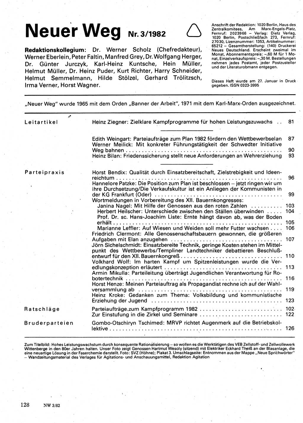 Neuer Weg (NW), Organ des Zentralkomitees (ZK) der SED (Sozialistische Einheitspartei Deutschlands) für Fragen des Parteilebens, 37. Jahrgang [Deutsche Demokratische Republik (DDR)] 1982, Seite 128 (NW ZK SED DDR 1982, S. 128)