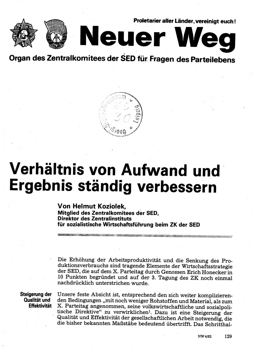 Neuer Weg (NW), Organ des Zentralkomitees (ZK) der SED (Sozialistische Einheitspartei Deutschlands) für Fragen des Parteilebens, 37. Jahrgang [Deutsche Demokratische Republik (DDR)] 1982, Seite 129 (NW ZK SED DDR 1982, S. 129)