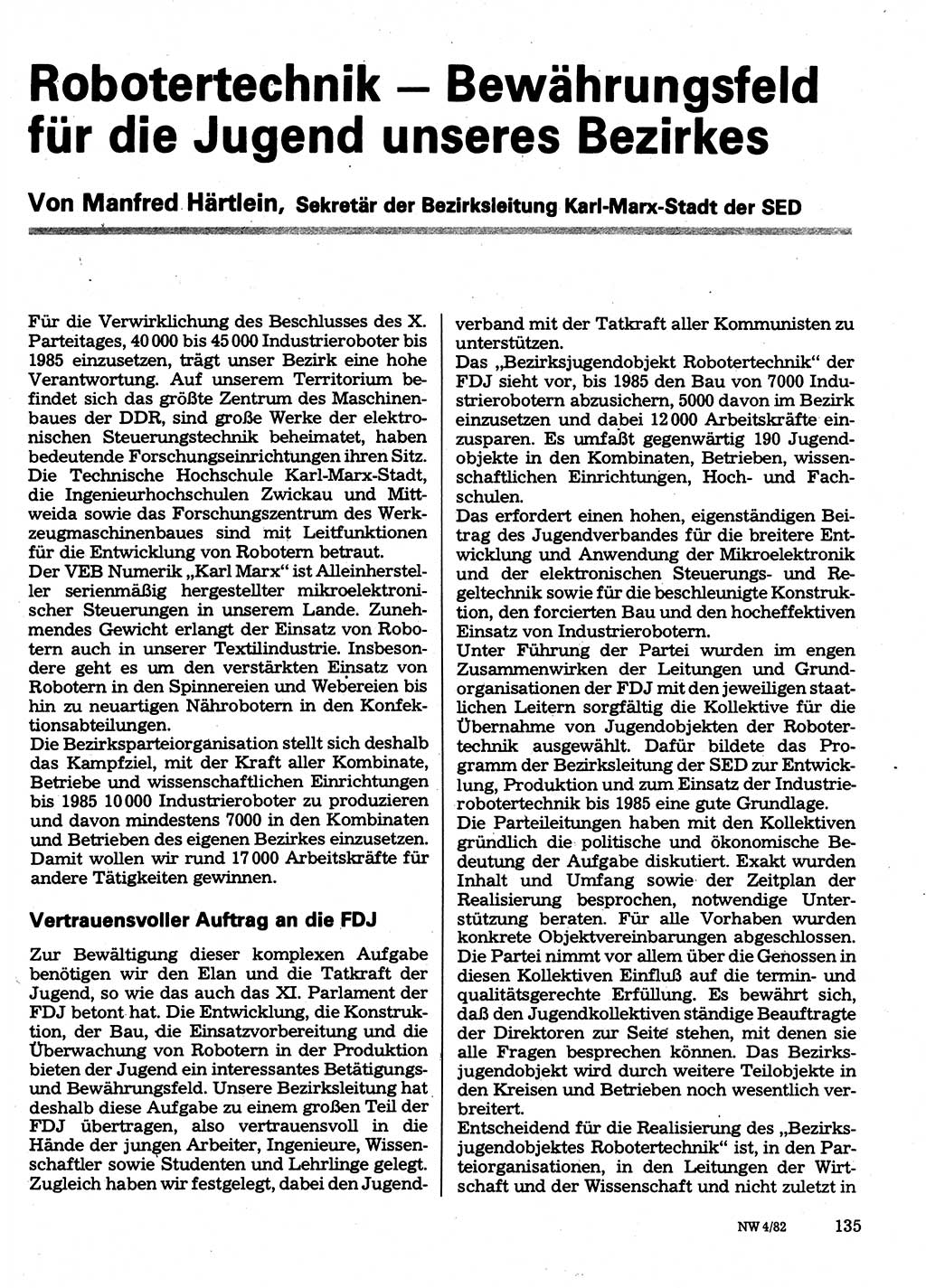 Neuer Weg (NW), Organ des Zentralkomitees (ZK) der SED (Sozialistische Einheitspartei Deutschlands) für Fragen des Parteilebens, 37. Jahrgang [Deutsche Demokratische Republik (DDR)] 1982, Seite 135 (NW ZK SED DDR 1982, S. 135)