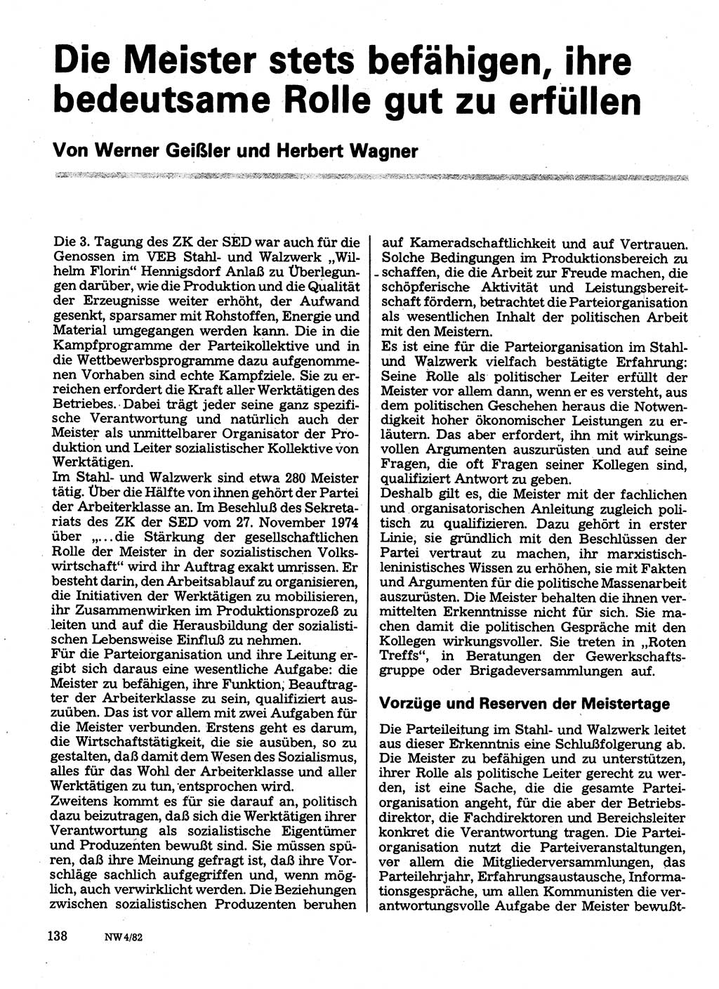 Neuer Weg (NW), Organ des Zentralkomitees (ZK) der SED (Sozialistische Einheitspartei Deutschlands) für Fragen des Parteilebens, 37. Jahrgang [Deutsche Demokratische Republik (DDR)] 1982, Seite 138 (NW ZK SED DDR 1982, S. 138)