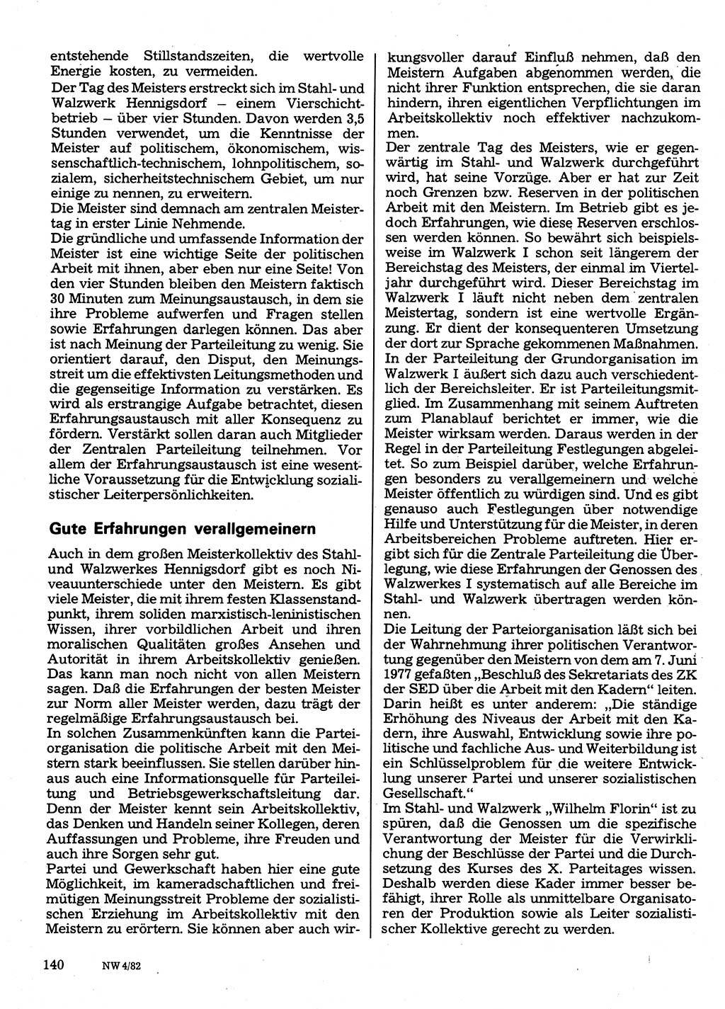 Neuer Weg (NW), Organ des Zentralkomitees (ZK) der SED (Sozialistische Einheitspartei Deutschlands) für Fragen des Parteilebens, 37. Jahrgang [Deutsche Demokratische Republik (DDR)] 1982, Seite 140 (NW ZK SED DDR 1982, S. 140)