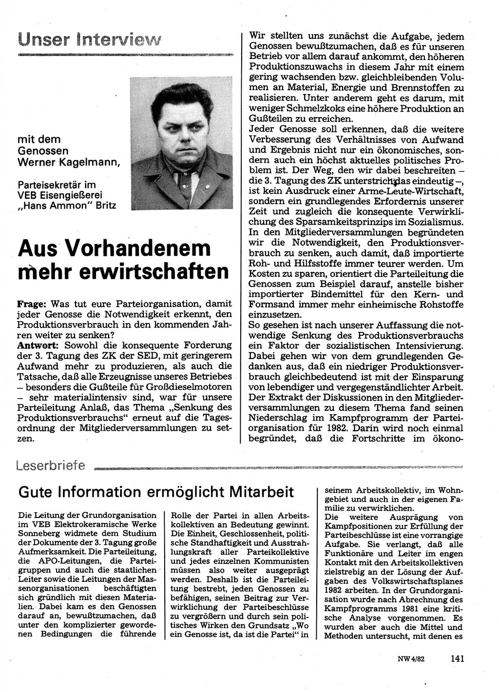 Neuer Weg (NW), Organ des Zentralkomitees (ZK) der SED (Sozialistische Einheitspartei Deutschlands) für Fragen des Parteilebens, 37. Jahrgang [Deutsche Demokratische Republik (DDR)] 1982, Seite 141 (NW ZK SED DDR 1982, S. 141)