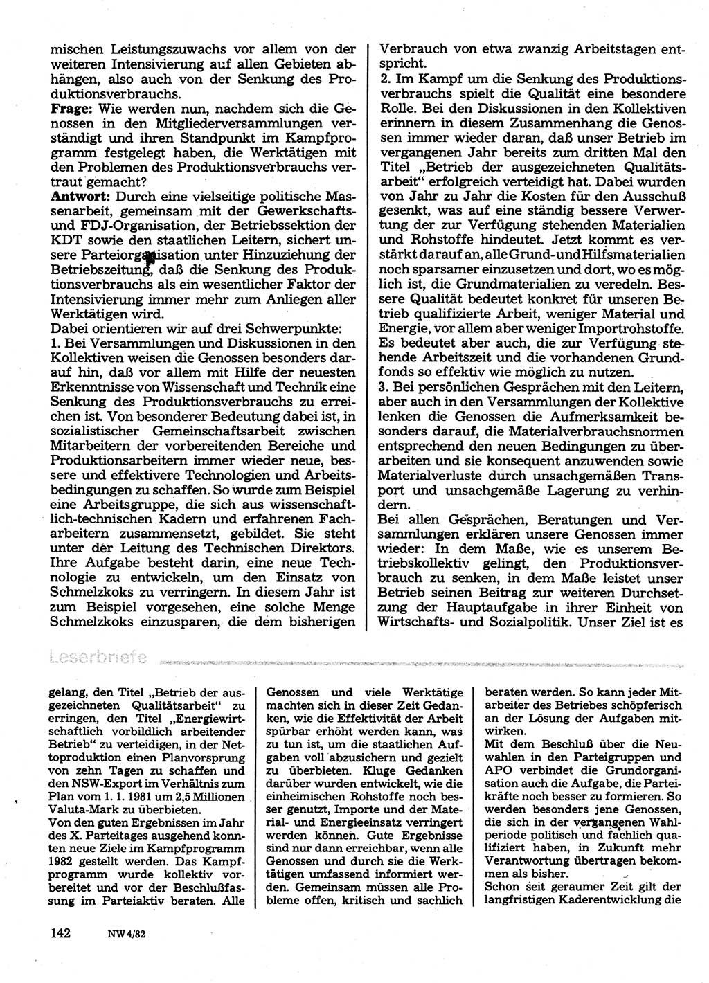 Neuer Weg (NW), Organ des Zentralkomitees (ZK) der SED (Sozialistische Einheitspartei Deutschlands) für Fragen des Parteilebens, 37. Jahrgang [Deutsche Demokratische Republik (DDR)] 1982, Seite 142 (NW ZK SED DDR 1982, S. 142)