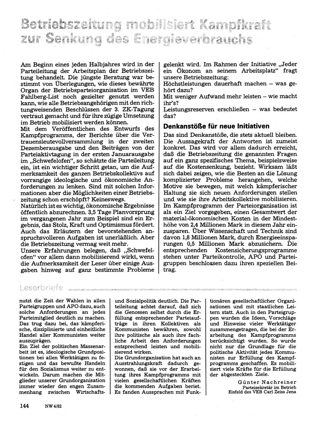 Neuer Weg (NW), Organ des Zentralkomitees (ZK) der SED (Sozialistische Einheitspartei Deutschlands) für Fragen des Parteilebens, 37. Jahrgang [Deutsche Demokratische Republik (DDR)] 1982, Seite 144 (NW ZK SED DDR 1982, S. 144)