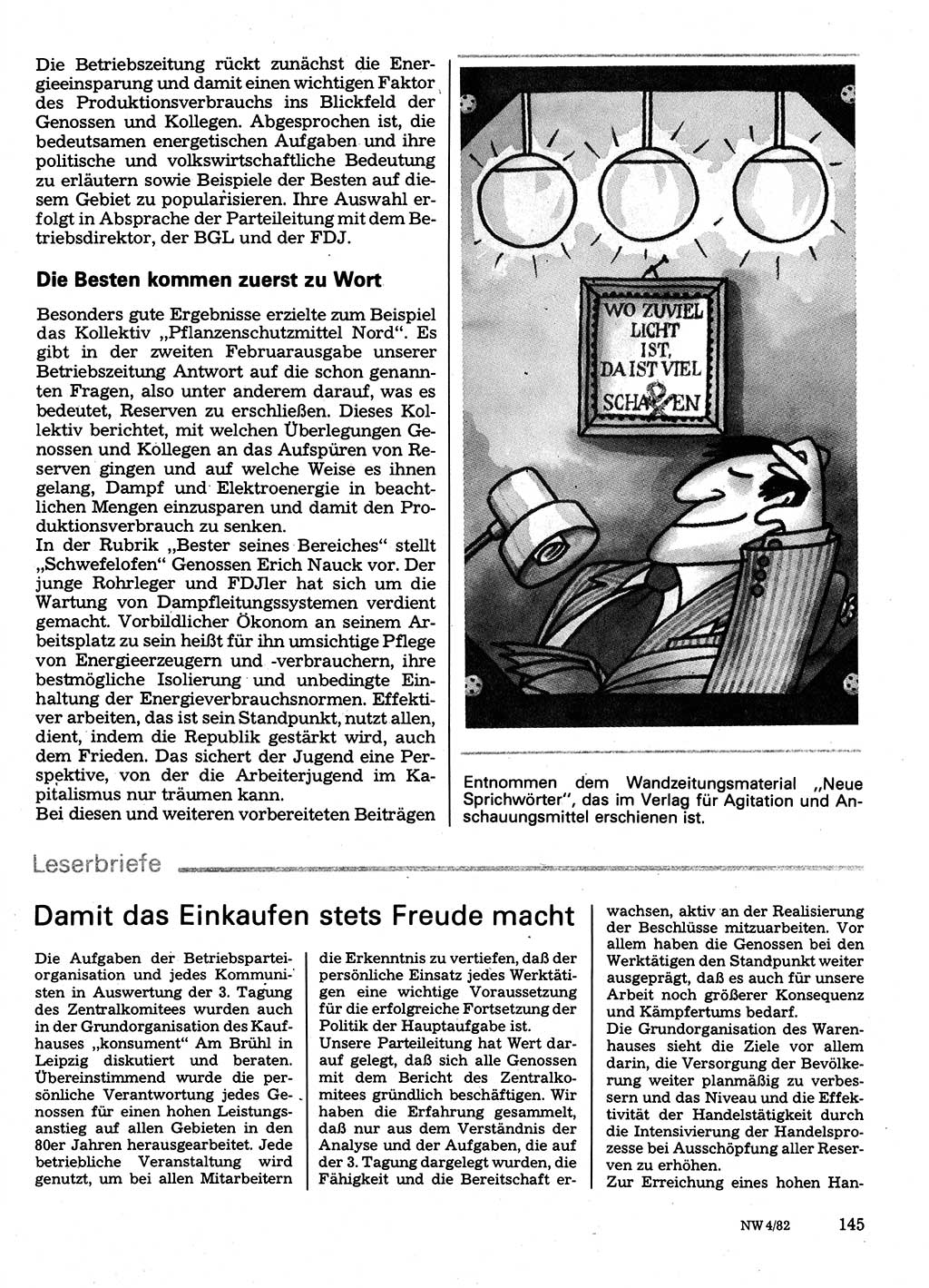 Neuer Weg (NW), Organ des Zentralkomitees (ZK) der SED (Sozialistische Einheitspartei Deutschlands) für Fragen des Parteilebens, 37. Jahrgang [Deutsche Demokratische Republik (DDR)] 1982, Seite 145 (NW ZK SED DDR 1982, S. 145)