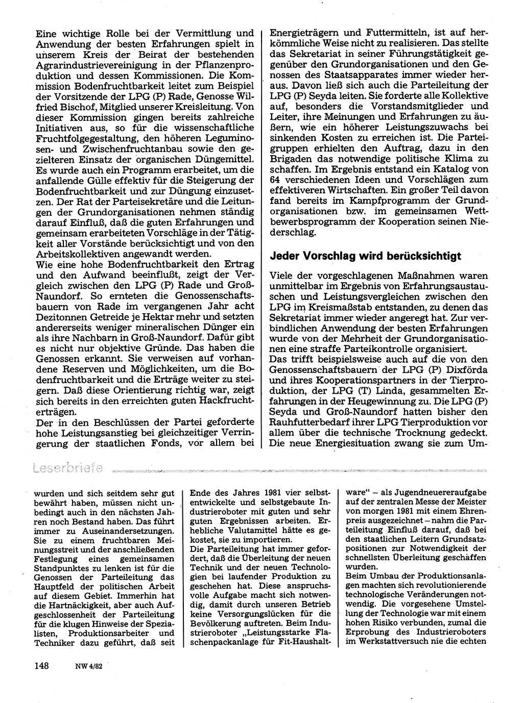 Neuer Weg (NW), Organ des Zentralkomitees (ZK) der SED (Sozialistische Einheitspartei Deutschlands) für Fragen des Parteilebens, 37. Jahrgang [Deutsche Demokratische Republik (DDR)] 1982, Seite 148 (NW ZK SED DDR 1982, S. 148)