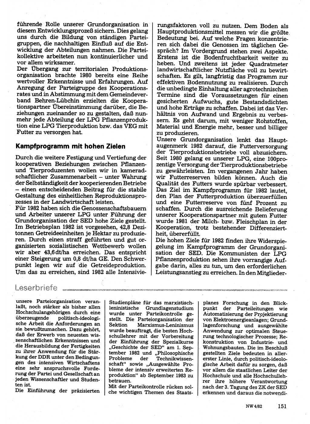 Neuer Weg (NW), Organ des Zentralkomitees (ZK) der SED (Sozialistische Einheitspartei Deutschlands) für Fragen des Parteilebens, 37. Jahrgang [Deutsche Demokratische Republik (DDR)] 1982, Seite 151 (NW ZK SED DDR 1982, S. 151)