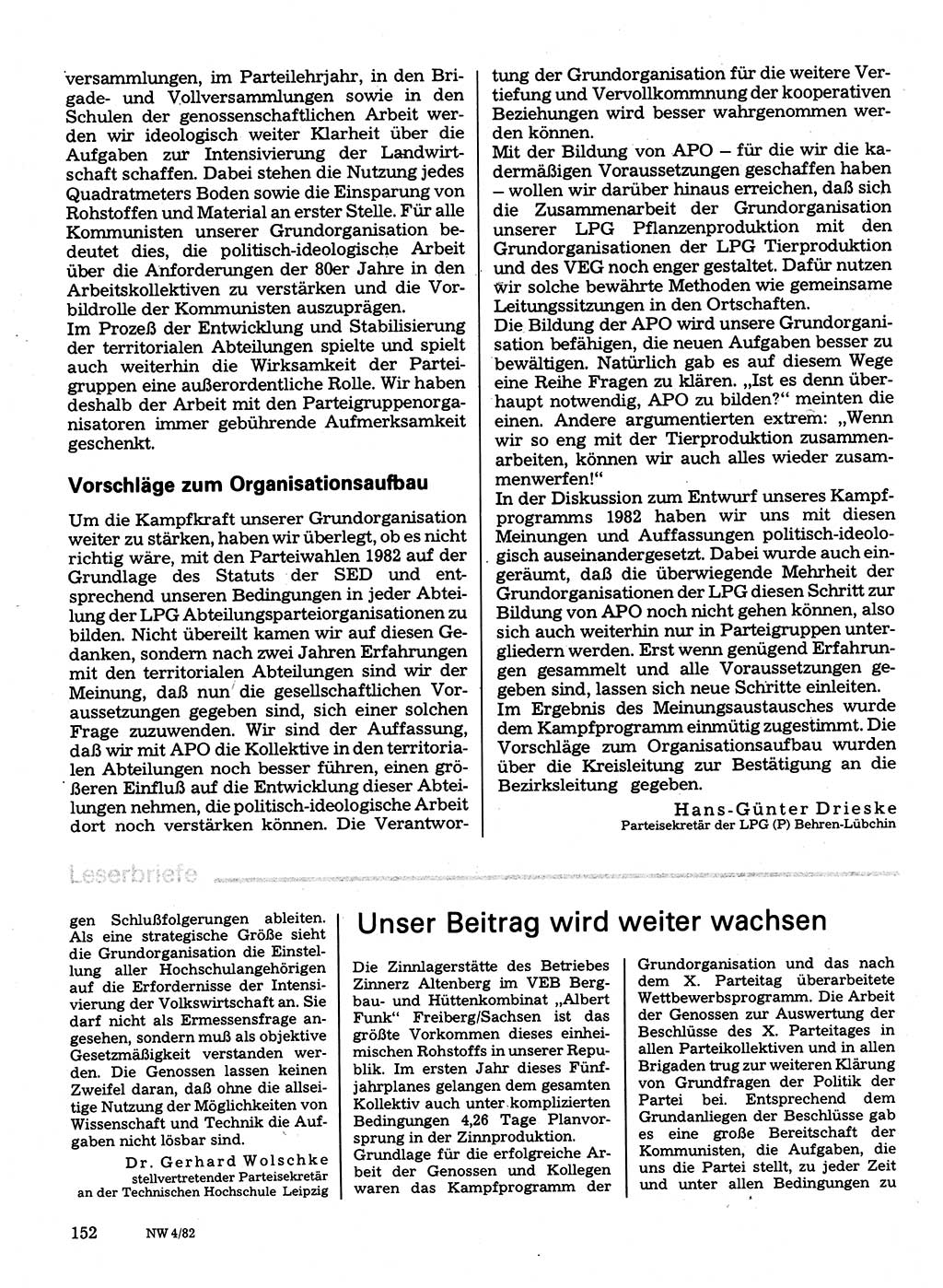 Neuer Weg (NW), Organ des Zentralkomitees (ZK) der SED (Sozialistische Einheitspartei Deutschlands) für Fragen des Parteilebens, 37. Jahrgang [Deutsche Demokratische Republik (DDR)] 1982, Seite 152 (NW ZK SED DDR 1982, S. 152)