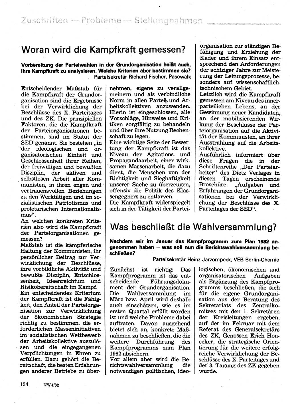 Neuer Weg (NW), Organ des Zentralkomitees (ZK) der SED (Sozialistische Einheitspartei Deutschlands) fÃ¼r Fragen des Parteilebens, 37. Jahrgang [Deutsche Demokratische Republik (DDR)] 1982, Seite 154 (NW ZK SED DDR 1982, S. 154)
