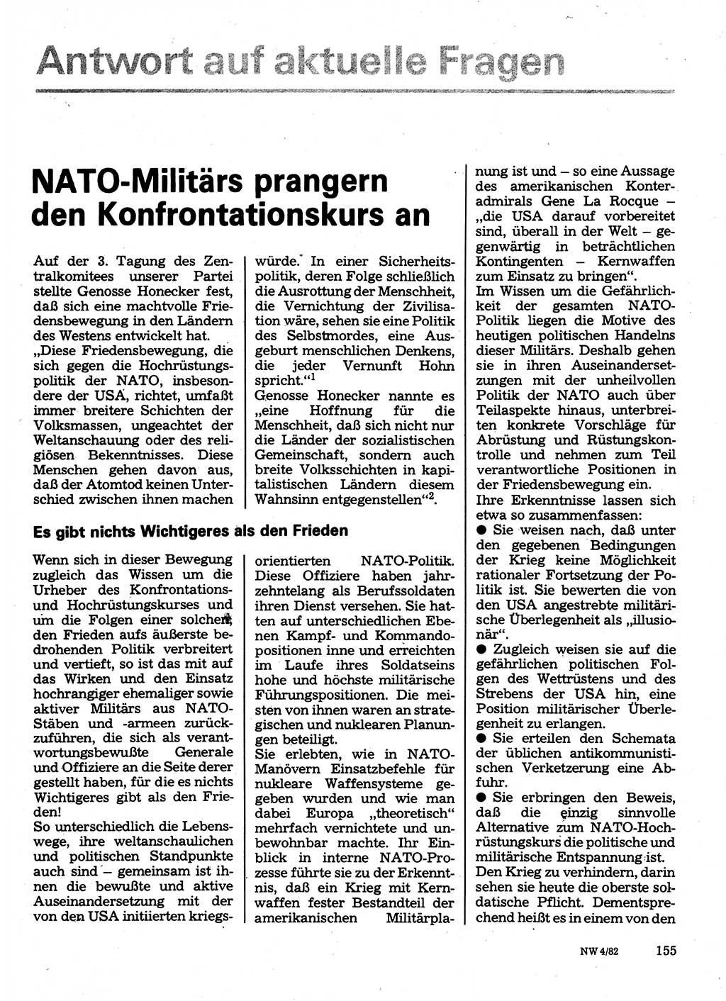 Neuer Weg (NW), Organ des Zentralkomitees (ZK) der SED (Sozialistische Einheitspartei Deutschlands) für Fragen des Parteilebens, 37. Jahrgang [Deutsche Demokratische Republik (DDR)] 1982, Seite 155 (NW ZK SED DDR 1982, S. 155)