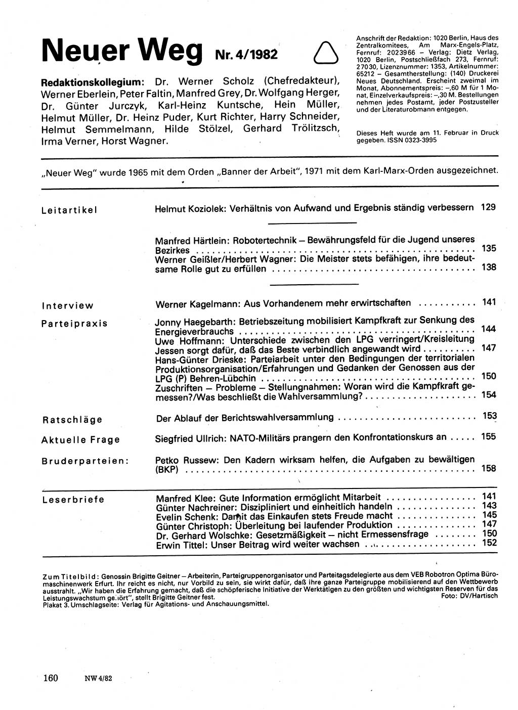 Neuer Weg (NW), Organ des Zentralkomitees (ZK) der SED (Sozialistische Einheitspartei Deutschlands) für Fragen des Parteilebens, 37. Jahrgang [Deutsche Demokratische Republik (DDR)] 1982, Seite 160 (NW ZK SED DDR 1982, S. 160)