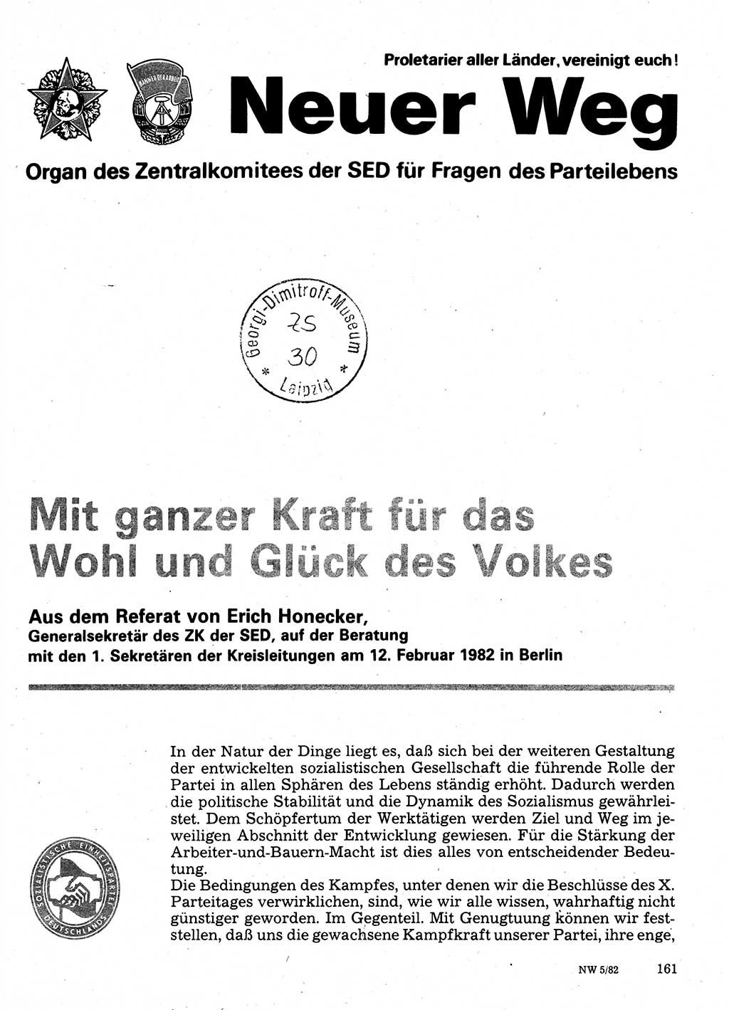 Neuer Weg (NW), Organ des Zentralkomitees (ZK) der SED (Sozialistische Einheitspartei Deutschlands) für Fragen des Parteilebens, 37. Jahrgang [Deutsche Demokratische Republik (DDR)] 1982, Seite 161 (NW ZK SED DDR 1982, S. 161)