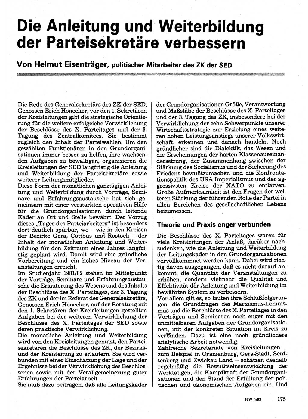 Neuer Weg (NW), Organ des Zentralkomitees (ZK) der SED (Sozialistische Einheitspartei Deutschlands) für Fragen des Parteilebens, 37. Jahrgang [Deutsche Demokratische Republik (DDR)] 1982, Seite 175 (NW ZK SED DDR 1982, S. 175)