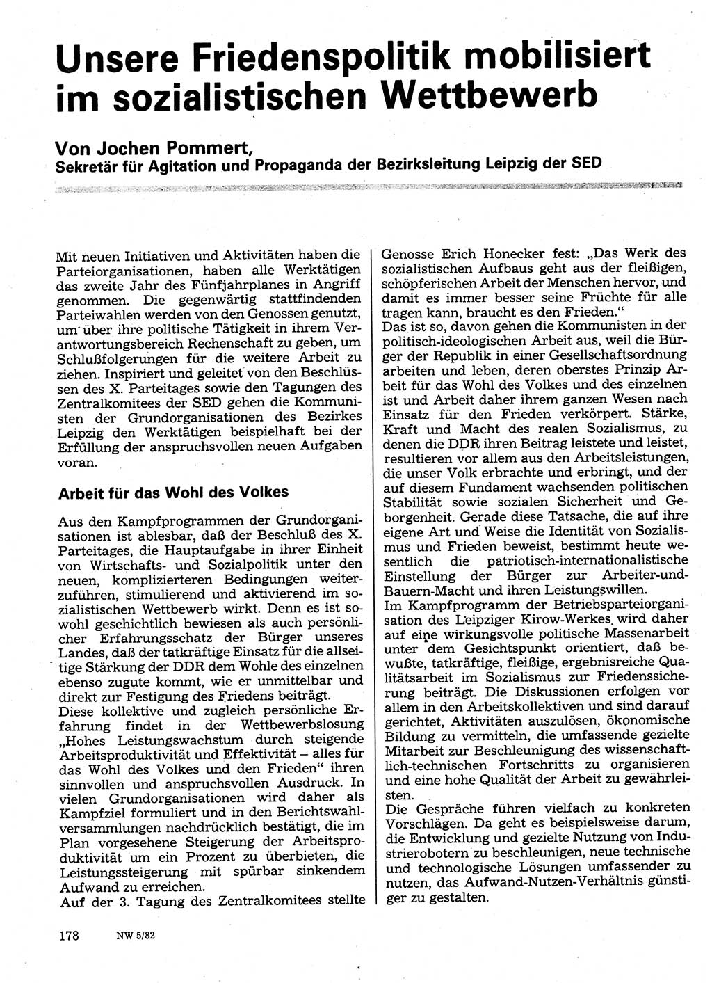 Neuer Weg (NW), Organ des Zentralkomitees (ZK) der SED (Sozialistische Einheitspartei Deutschlands) für Fragen des Parteilebens, 37. Jahrgang [Deutsche Demokratische Republik (DDR)] 1982, Seite 178 (NW ZK SED DDR 1982, S. 178)